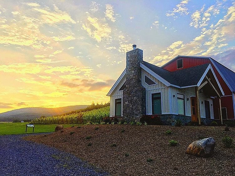 View of Catoctin Breeze Vineyards with sunset behind mountains in the west.