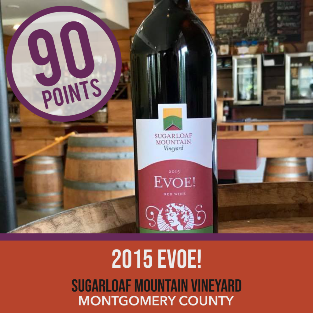 Sugarloaf Mountain Vineyard EVOE! bottle in template indicating an IWR score of 90 points.