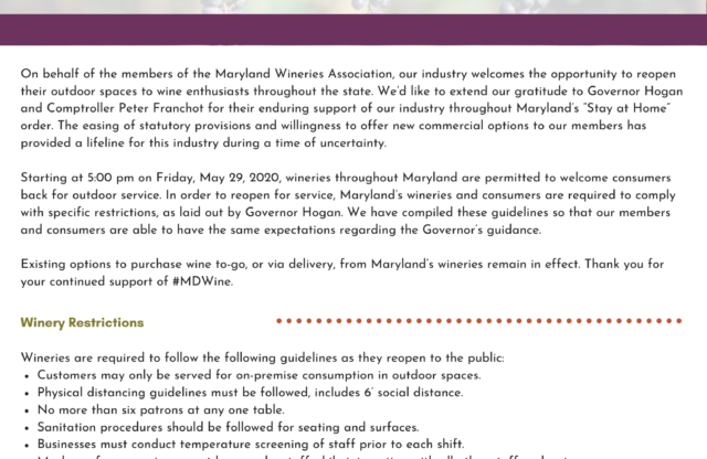 Maryland Wineries to Reopen for Outdoor Service
