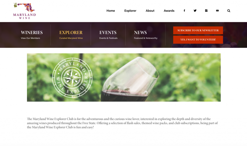 Screenshot of the new Maryland Wine Explorer landing page at MarylandWine.com.